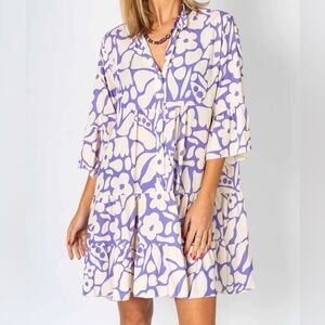 One size made in italy lilac and cream floral Baby Doll Dress, 3/4 sleeve NWT